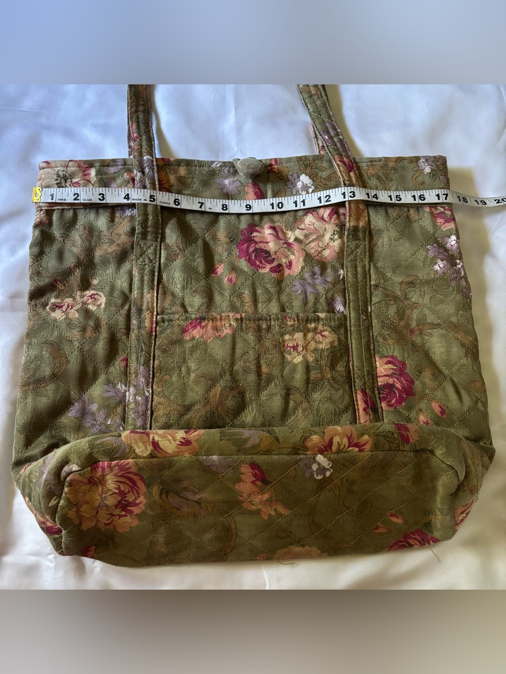 Quilted floral vintage style fabric bohemian shabby chic Green shoulder tote bag - Picture 6 of 8
